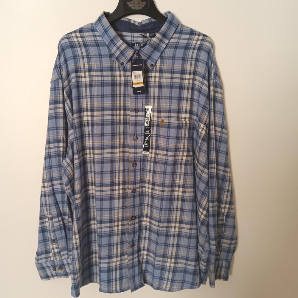 IZOD Mens 4XB Stratton Flannel Shirt Colony Blue Plaid Button Down NWT